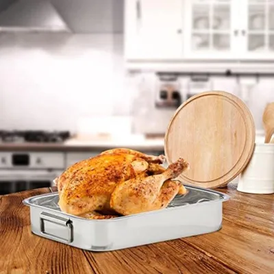 Productafbeelding van PromoHome® Braadpan met rooster – Roestvrijstalen braadpan voor grill en oven, 33x23x6 cm, zilver