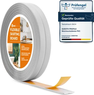 Produktbild von QUEST Weichsockelleiste Selbstklebend 10x10 mm, PVC Knickleiste für Küche, Badezimmer, Flexibel, Dekorativ, UV-beständig, hellgrau, 5 m