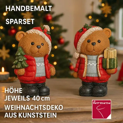 Produktbild von formano Weihnachtsdeko 2er Set Teddy Dekofigur Winter 40cm Kunststein Handbemalt