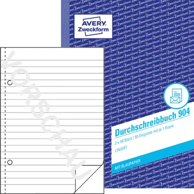 Produktbild von Avery Zweckform 904, Durchschreibbuch, A5, liniert, mit Blaupapier, 2x50 Blatt