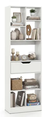 Produktbild von COSTWAY Bücherregal mit 8 Fächern & Schublade, Bücherschrank Holz Raumteiler, offenes Standregal mit Kippschutz, Ausstellungsregal 50x24x155 cm, Weiß