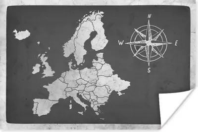 Produktbild von MuchoWow® Poster Vintage Eurocard mit Kompassrose - schwarz und weiß 120x80 cm - Bilder