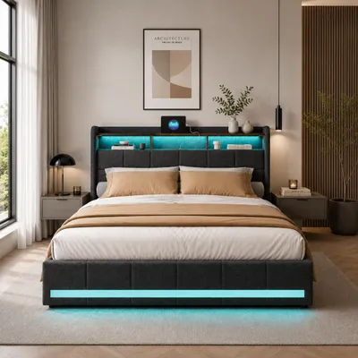 Obrázek produktu pro Postel INONEFT, rozměr 160x200 cm, čalouněná, s LED osvětlením a USB porty, dvoulůžko/mladistvá postel se 4 zásuvkami a 3 úložnými prostory, materiál: len, barva: šedá, Obrázek vytvořený pomocí AI