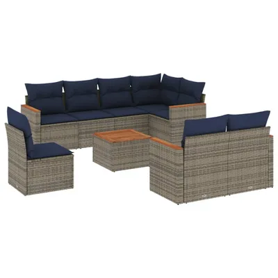 Produktbild von Modulares Garten-Loungeset, 9-teilig, mit Kissen, Poly Rattan & Akazienholz, UV-beständig, Grau