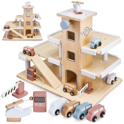 Produktbild von Holzparkhaus mit Aufzug - 3-stöckige Garage - mit Autos und Hubschrauber - Kinderspielzeug Parkhaus