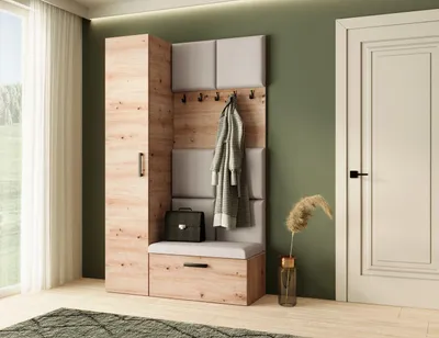 Produktbild von Garderobenschrank MARGARET I+IV mit gepolsterten Paneelen und Kleiderhaken, Eiche Artisan + Hellbeige