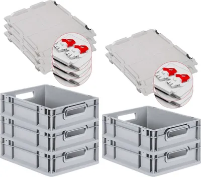 Produktbild von SuperSparSet 5x Eurobox NextGen Economy mit Scharnierdeckel und roten Schiebeschnappverschlüssen | Griffe offen | HxBxT 12x30x40cm | 11 Liter | Eurobehälter, Transportbox, Transportbehälter, Stapelbehälter