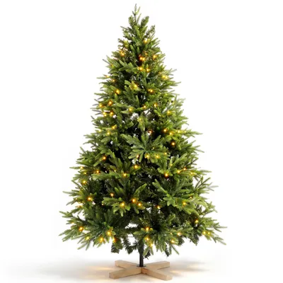 Produktbild von Verdego Künstlicher Weihnachtsbaum 150 cm, Holzständer, Hochwertiges PVC+PE Material, Ø 98 cm, ideal für Weihnachtsdekoration, mit LED-Beleuchtung