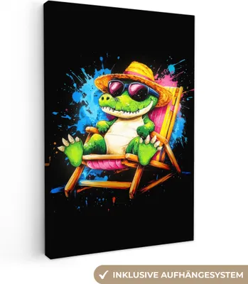 Produktbild von MuchoWow® - Leinwandbilder - Graffiti - Sommer - Krokodil - Lustig, Wandbild, Wanddeko Bilder Wohnzimmer, 40x60 cm