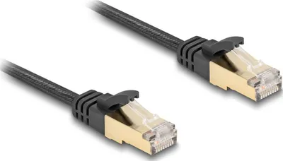 Produktbild von Delock RJ45 Flachband Netzwerkkabel mit Geflechtmantel Cat.6A U/FTP Stecker zu Stecker 10 m schwarz