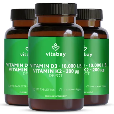 Produktbild von Vitabay Vitamin D3 + K2 Depot – 540 vegane Tabletten – hochdosiert – 10.000 IE Premium Vitamin D3 mit K2-MK7 All-Trans – ohne Zusätze – vegan & labor in Deutschland – 3er Bundle