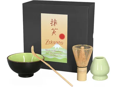 Produktbild von Matcha Set / Matchaset mit Matcha Schale 250ml sommergrün, Besen, Löffel und Halter in Geschenkbox
