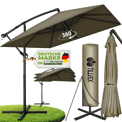 Produktbild von tillvex® Alu Sonnenschirm Rechteckig Ø 330 cm Braun + Abdeckung mit Kurbel | Ampelschirm Eckig mit Ständer & Windschutz | Gartenschirm UV-Schutz Aluminium | Kurbelschirm Marktschirm wasserdicht 360° drehbar, KI-generiertes Bild