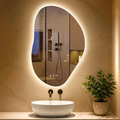 Produktbild von PESENXAN LED-Badspiegel, asymmetrisch, 80 x 53 cm, 3 Lichtfarben, dimmbar, Touch-Schalter, beschlagfrei, Silber