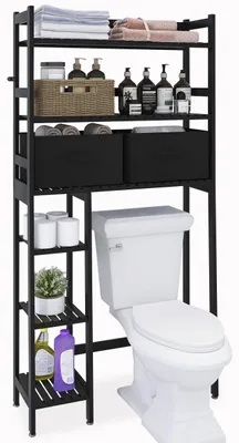 Bambus-Badregal über Toilette, 3 verstellbare Ablagen, Schwarz