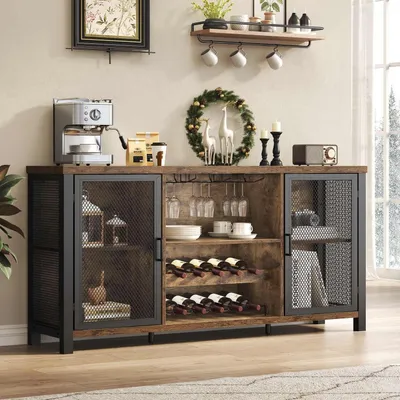 Image de Buffet avec étagère à vin et espace de rangement, style industriel, bois/métal, marron/noir, 140 cm