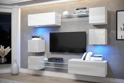 Produktbild von Furnitech Wohnwand Wohnzimmer - Wohnzimmer Möbel mit LED Weiß - Hängend Wohnwand Modern - Regale und TV Schrank (AN65N-21W-HG2)
