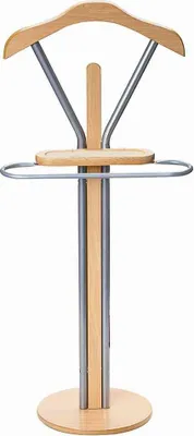 A freestanding valet stand with a wooden hanger, a small wooden shelf, and a metal bar for trousers.