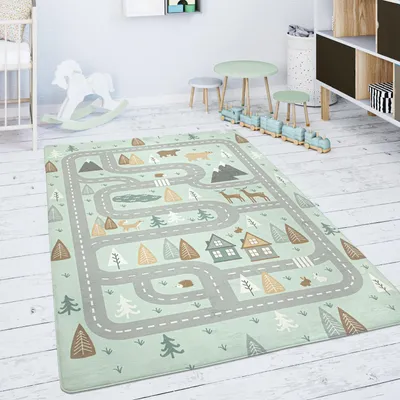 Produktbild von Kinderteppich Teppich Kinderzimmer Spielmatte Straße Bär Elch Bäume Grün Grau Grösse 120x160 cm