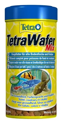 A Tetra Wafer Mix fish food container with images of fish and crustaceans.