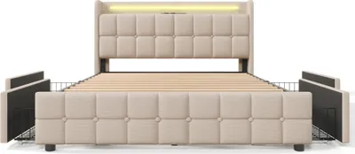 Produktbild von Flieks Polsterbett 180x200cm mit USB und Steckdosen, Jugendbett Doppelbett mit 4 Schubladen, Stauraumbett Massivholzbett mit LED und Lattenrost, Leinen, Beige