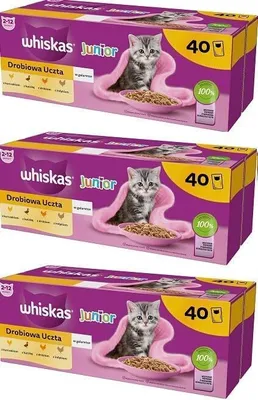 Produktbild von Whiskas Junior Geflügel Auswahl in Gelee, 120 Portionsbeutel à 85g (3-er Pack) – Hochwertiges Katzenfutter nass, für heranwachsende Katzen