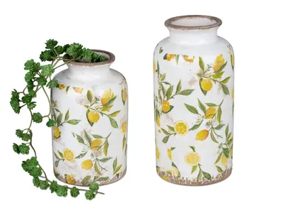 Produktbild von 2er Set Deko Vasen VINTAGE ZITRONEN weiß gelb 21 + 26cm Formano Garten S25