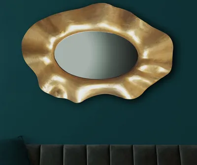 Produktbild von Wandspiegel Asymmetrisch 60x90 cm Metall Design Hängespiegel Gold, Aluminium Dekospiegel Unförmig mit Rahmen, Spiegel Wand Groß, Flurspiegel Länglich, Garderobenspiegel Modern