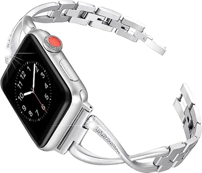 Produktbild von FFO2World elegantes Damen-Metallarmband mit Diamanten für Apple Watch 46/45/44/42/49 mm (inkl. Ultra) – Schlankes Edelstahlarmband – Silber