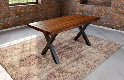 Produktbild von Esstisch Baumkante massiv Akazie nussbaumfarben 280 x 100 schwarz X-Gestell XEREZ