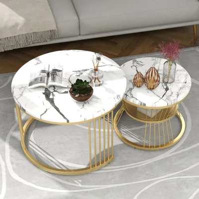Produktbild von Couchtischset von 2 mit modernem runden Tisch und Metallrahmen