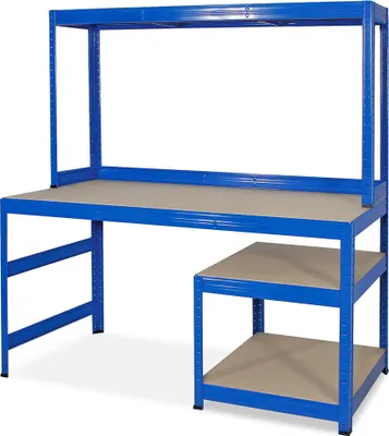 Produktbild von Packtisch / Werkbank mit Aufbau und Unterbau, BxTxH 1500x600/300x1500 mm, blau