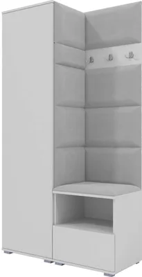 A white and light gray corner wardrobe set with a tall cabinet, padded back panel, coat hooks, and a bench with storage.