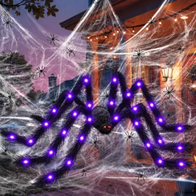 Imagen del producto de Tela de araña y 20 mini-arañas - Araña gigante de Halloween de 125 cm con luces LED