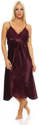 Produktbild von Damen langes Negligé Nachtwäsche Nachtkleid Dessous Satin; Dunkellila S