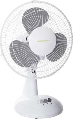 A white table fan is shown from the front against a white background.