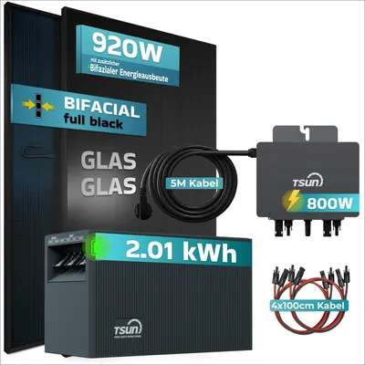 Produktbild von SUNNIVA® 920W Balkonkraftwerk mit 2,01 kWh Speicher TSUN SOLARCAN TSOL-DCU2000Lite, 2x 460W BIFAZIAL FULLBLACK komplett Steckdose, Solarspeicher