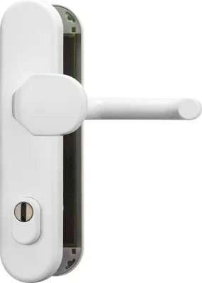 A white door handle with a keyhole, shown in profile against a white background.