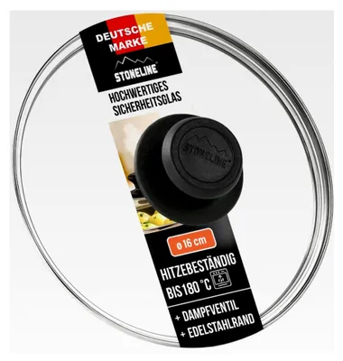 Produktbild von Glasdeckel 16 cm, Topfdeckel aus Glas, spülmaschinengeeignet, hitzebeständig, Universaldeckel für Töpfe und Pfannen, mit Edelstahlrand, Dampfventil und Kunststoffknauf, Schwarz
