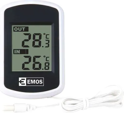 A digital thermometer with an outdoor sensor and cable, displaying both indoor and outdoor temperatures.