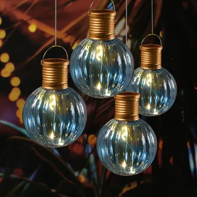 Produktbild von LED Solar Glühbirnen GLOW - Kugelleuchten - wamweiße LED - H: 11cm - Lichtsensor - blau - 4er Set