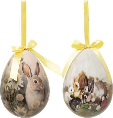 Zdjęcie produktu dla Zestaw 2 zawieszek wielkanocnych Clayre & Eef Jajko Ø 11x15 cm Wielokolorowy plastikowy królik