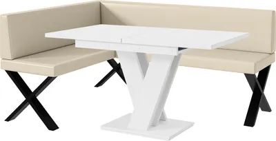 Produktbild von MEBLINI Eckbank für Esszimmer mit ausziehbarem Tisch  - Küchenbank - Essecke - Sitzecke Küche - TONI - X-Beine 128x168x87cm Links - Creme Kunstleder/M Weiß Matt