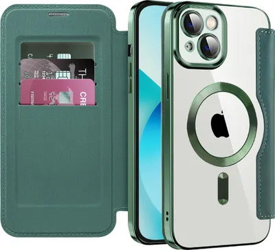 Immagine prodotto di Custodia per iPhone 13 compatibile con MagSafe, custodia trasparente con portacarte, custodia in pelle con protezione della fotocamera verde