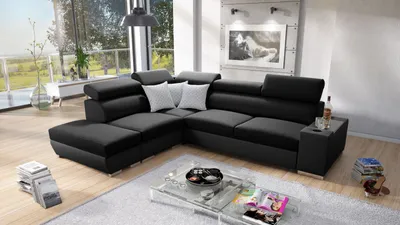 Produktbild von Ecksofa mit Schlaffunktion Eckcouch PERS VII Sofa Links Schwarz Sawana 14 + schwarzes Kunstleder