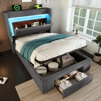 Image de OKWISH Lit Coffre 90x200 cm - Lit Simple Avec LED Et USB, Niche De Rangement, Sans Matelas, En Lin Gris