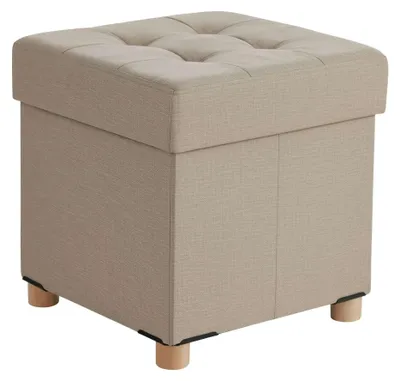 Image de Tabouret cube de rangement avec assise rembourrée et pieds en bois