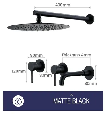 Image de Système de douche Raindusche : robinet mural avec douchette, mélangeur en laiton à 2 voies, pommeau de douche rond de 20 cm, robinet de baignoire de 21 cm, cartouche Sedal, finition noir mat