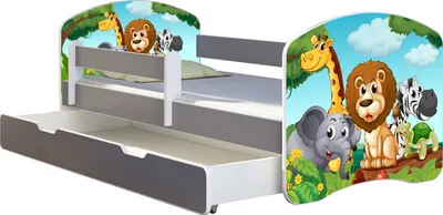 Produktbild von ACMA Jugendbett Kinderbett Junior-Bett Komplett-Set mit Matratze Lattenrost und Rausfallschutz Grau 02 Animals 160x80 + Bettkasten