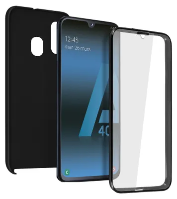 A black phone case, a Samsung Galaxy A40 smartphone, and a screen protector are arranged in a studio shot.